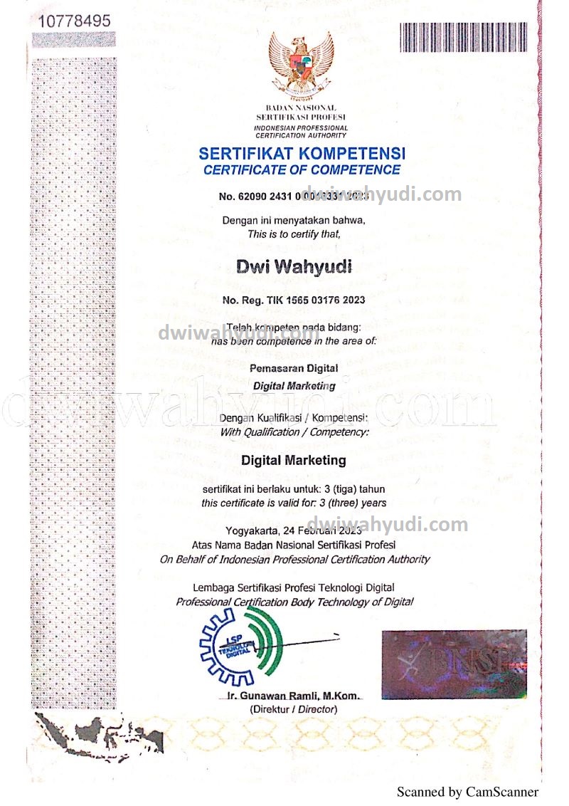 Sertifikat BNSP Digital Marketing Dwi Wahyudi