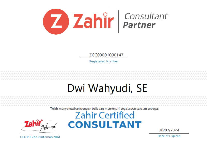 Sertifikat Zahir Consultant Partner Dwi Wahyudi